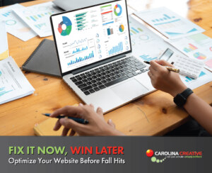Summer website audit: inspecting site analytics on a laptop – Carolina Creative Group Title: Summer Website Audit & Optimization – CCG